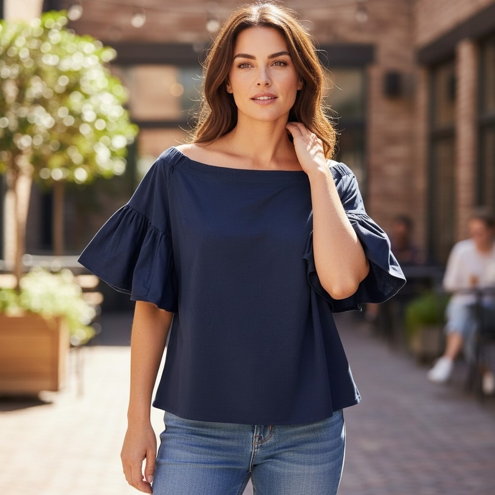 Banana Republic Top Medium Off‎ Shoulder Flutter Sleeve Navy Blue Cotton